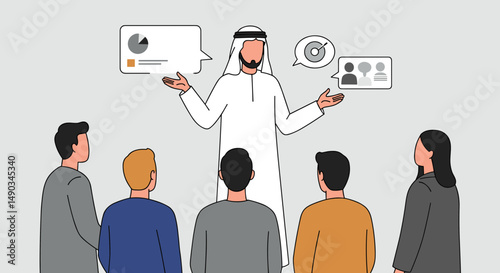 Arab Man in White Thobe Giving Presentation with Speech Bubbles to Diverse Group in Meeting
