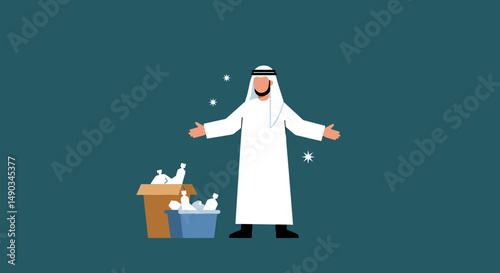 Arab Man in White Traditional Attire with Open Arms Standing Near Waste Boxes on Teal Background