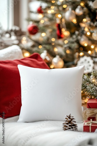 Elegant White Pillow on Cozy Sofa with Christmas Tree Background