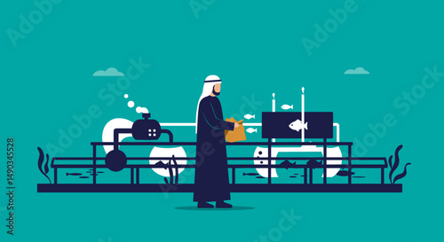 Arab Man Inspecting Aquaculture Farm Technology System Water Tanks With Fish And Processing Equipment