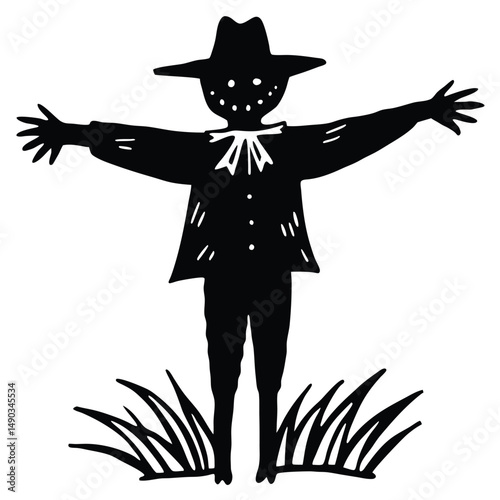 a scarecrow standing in a barren field with arms outstretched