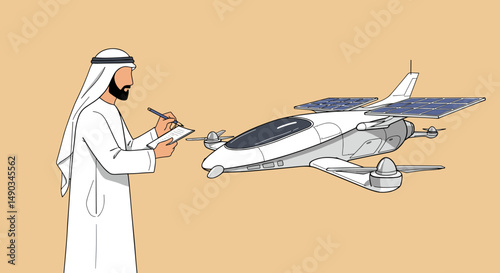 Arab Man Inspects Drone Aircraft Design With Paper And Pen On A Beige Background