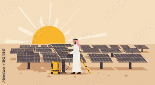 Arab Man Installing Solar Panels In Desert Under Sunny Sky For Renewable Energy Generation