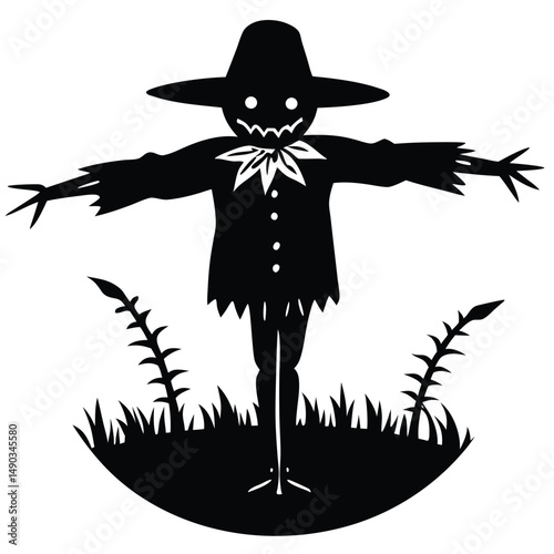 a scarecrow with outstretched arms standing in a dark field