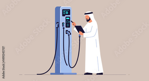 Arab Man Using Electric Vehicle Charging Station with Tablet Interface in Pixel Art Style