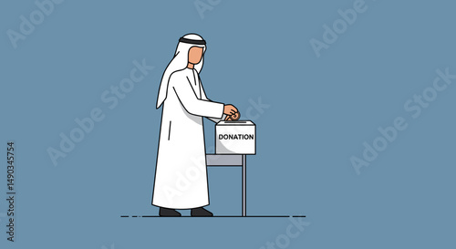 Arab Man Voting with Ballot in a White Traditional Dress in Isolated Blue Background Illustration