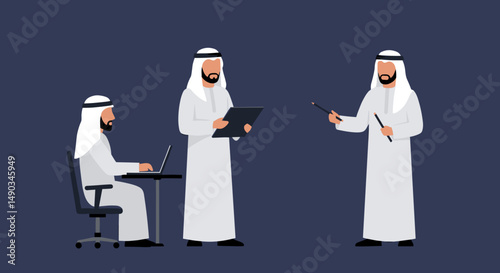 Arab Men in White Attire in Office Pixel Art Presenting Discussing Business Meeting