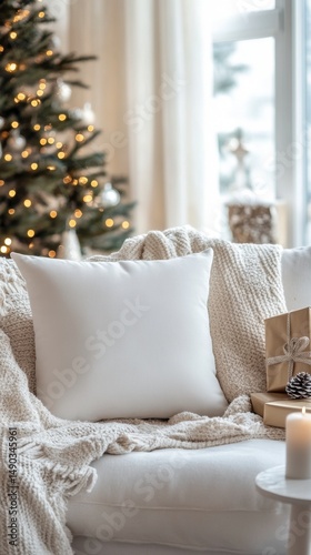 Cozy Living Room with White Pillow and Christmas Tree Decor