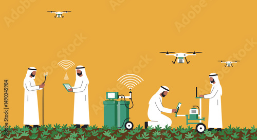Arab Men in White Thobes Operating Drones and Monitoring Field with Modern Technology on an Orange Background