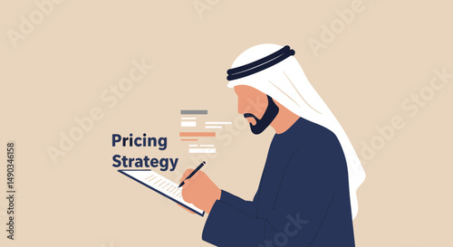 Arabian Businessman Writing On Paper Examining Pricing Strategy In Beige Background With Dark Blue Outfit