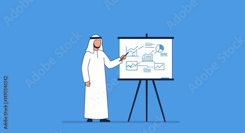 Arabian Man in White Attire Presenting Diagram on White Board with Blue Background