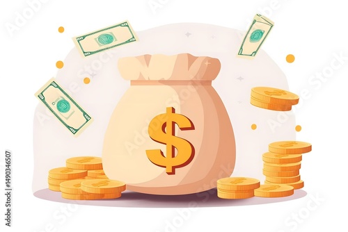 money cash and dollar coins represent currency, finance, and wealth with savings and investment shown in a gold coin cash bag