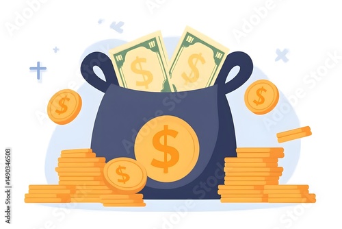 money cash and dollar coins represent currency, finance, and wealth with savings and investment shown in a gold coin cash bag