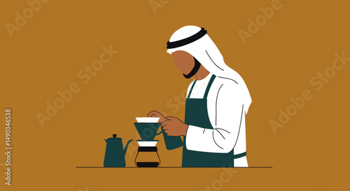 Arabian Man Preparing Coffee With Pour Over Equipment Against Brown Background