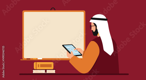 Arabian Man Using Digital Tablet Near Blank Whiteboard And Books In Front Of Burgundy Background