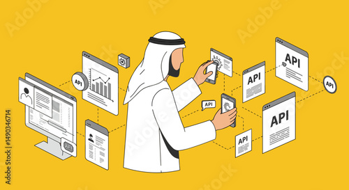 Arabian man using digital devices and api interfaces on yellow background illustration