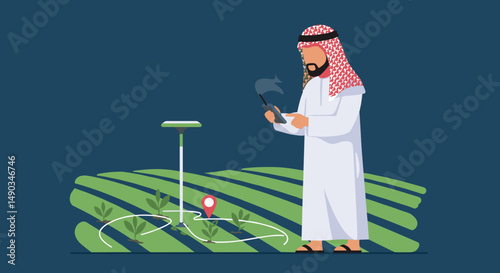 Arabian Man Using Tablet to Monitor Smart Irrigation System in a Green Agricultural Field