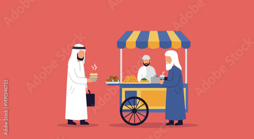 Arabian Street Food Vendor Serving Customers from Pixelated Blue and Yellow Cart in Red Background