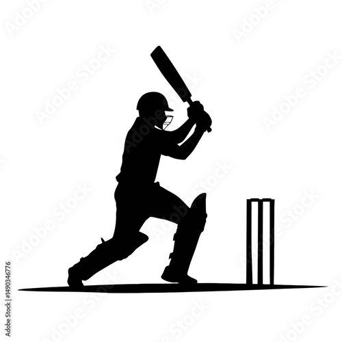 A silhouette of a cricketer poised to strike the ball is captured in a dynamic stance