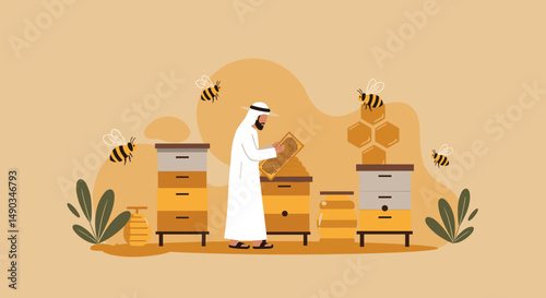 Arabic Beekeeper Inspecting Honeycomb Hive With Flying Bees In Golden Brown Color Background