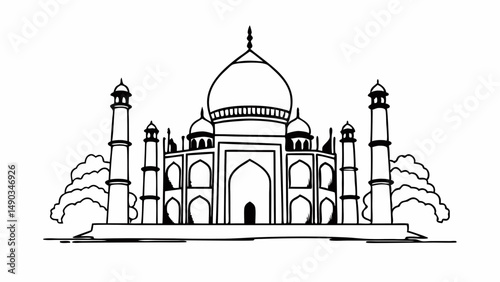 Illustration of the taj mahal with minarets and surrounding trees in a simple black outline style created with generated ai