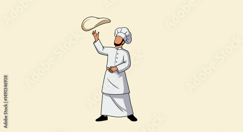 Chef in White Uniform Tossing Pizza Dough in Pixel Art Style on Beige Background