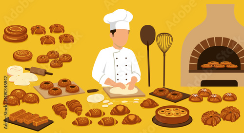 Chef Preparing Baked Goods In A Warm Bright Kitchen With Baked Bread And Various Pastries