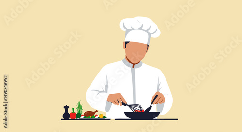 Chef Preparing Food In A White Uniform At A Table With Ingredients On A Beige Background