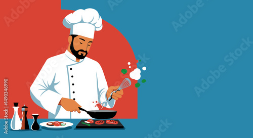 Chef Preparing Meal In Kitchen With White Uniform Using Pan Near Plate And Vegetables On Table