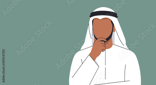 Conceptual Portrait Of An Arab Man In Traditional Attire Thinking With Hand Touching Face Against A Greenish Background