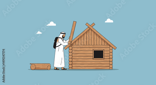 Construction Worker Assembling Pixelated Wooden House Under Blue Sky with Clouds and Backpack