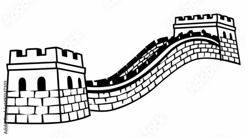 Illustration of the great wall of china with towers and brickwork in black and white drawing style created with generated ai