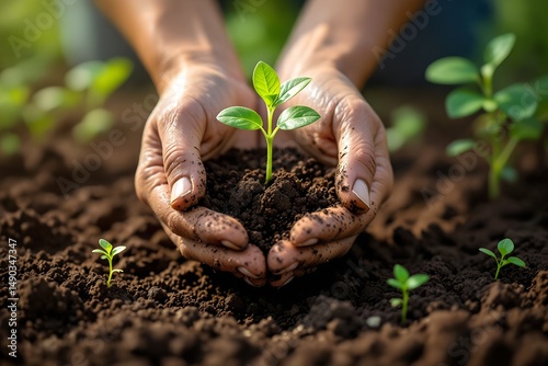 Light skinned woman holds a seedling in soil with other sprouting plants visible