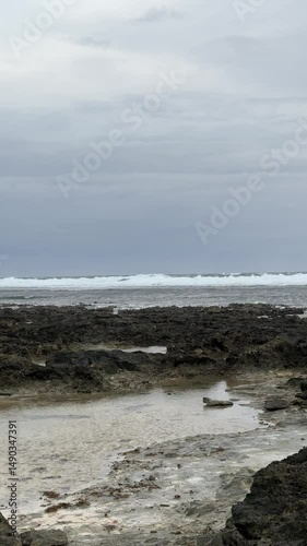 Dark volcanic rocks cluster along shoreline with patches of tan sediment. Calm gray-white waves meet light overcast sky in subdued coastal scene.