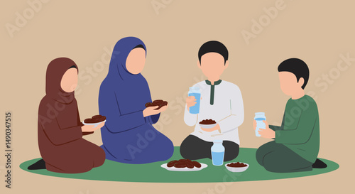 Family Gathering For A Muslim Celebration With Dates And Drinks In A Flat Illustration Style
