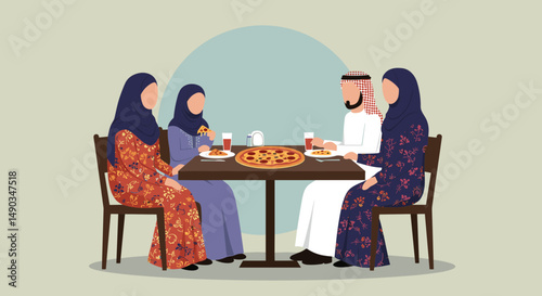 Family Dinner with Pizza at Table Illustration in a Light Background Featuring Four People in Traditional Attire