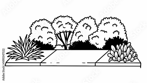 Illustration of a garden with bushes, plants, and a concrete border in a black and white design created with generated ai