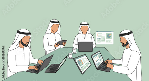 Four Arab Men in White Traditional Attire Analyzing Data at a Table with Laptops and Tablets in a Light Green Office Setting