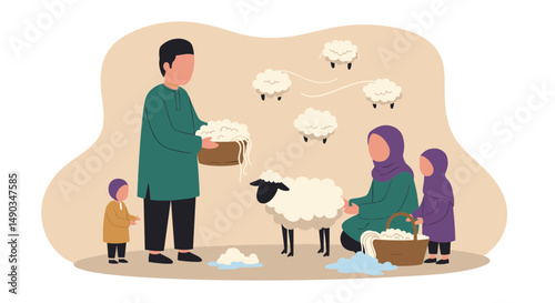 Family Harvesting Wool From Sheep With Children And Woman Wearing Traditional Clothing In A Rural Setting