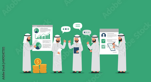 Group Of Arab Businessmen In Traditional Attire Discussing Financial Data During A Meeting On Green Background