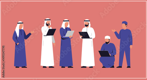 Group Of Arab Businessmen In Traditional Attire Discussing Work Plans Using Digital Devices In Front Of Rosy Background