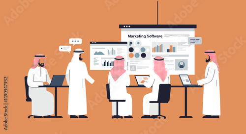 Group Of Arab Men In Traditional Attire Having Business Meeting With Digital Screens And Diagrams in Orange Background