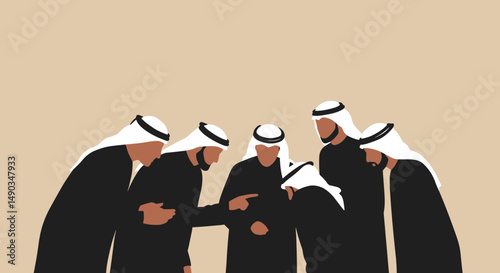 Group Of Arab Men In Traditional Attire Discussing Something Against Beige Background