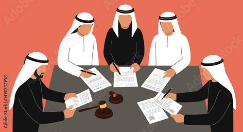 Group Of Arab Men In Traditional Attire Signing Documents Around A Table Under Warm Lighting