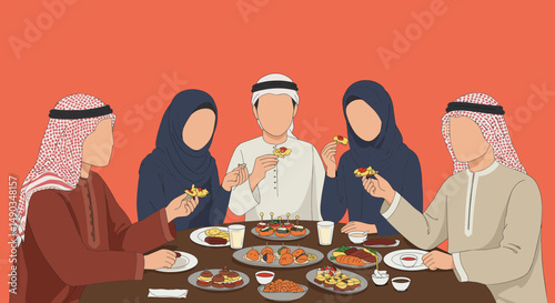 Group Of Arab People In Traditional Clothes Enjoying A Dinner With Food On Table And Red Background