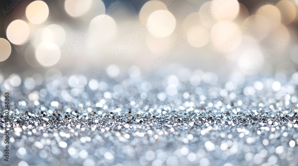 Fototapeta premium Shimmering silver glitter texture with soft bokeh lights