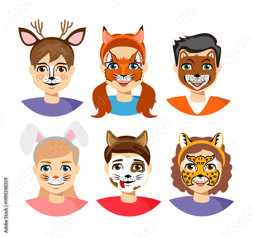 Face painting, kids faces with painting. Children's faces painted in animal style