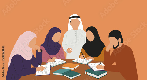 Group Of Diverse People In Formal Attire Having Meeting At Wooden Table With Paper And Books In Orange Background