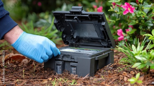 Person Setting Up Pest Control Device in Lush Garden Environment