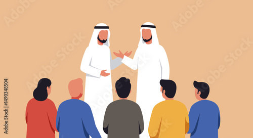 Group Of People Gathering For A Business Meeting With Arab Men In White Traditional Attire on Brown Background